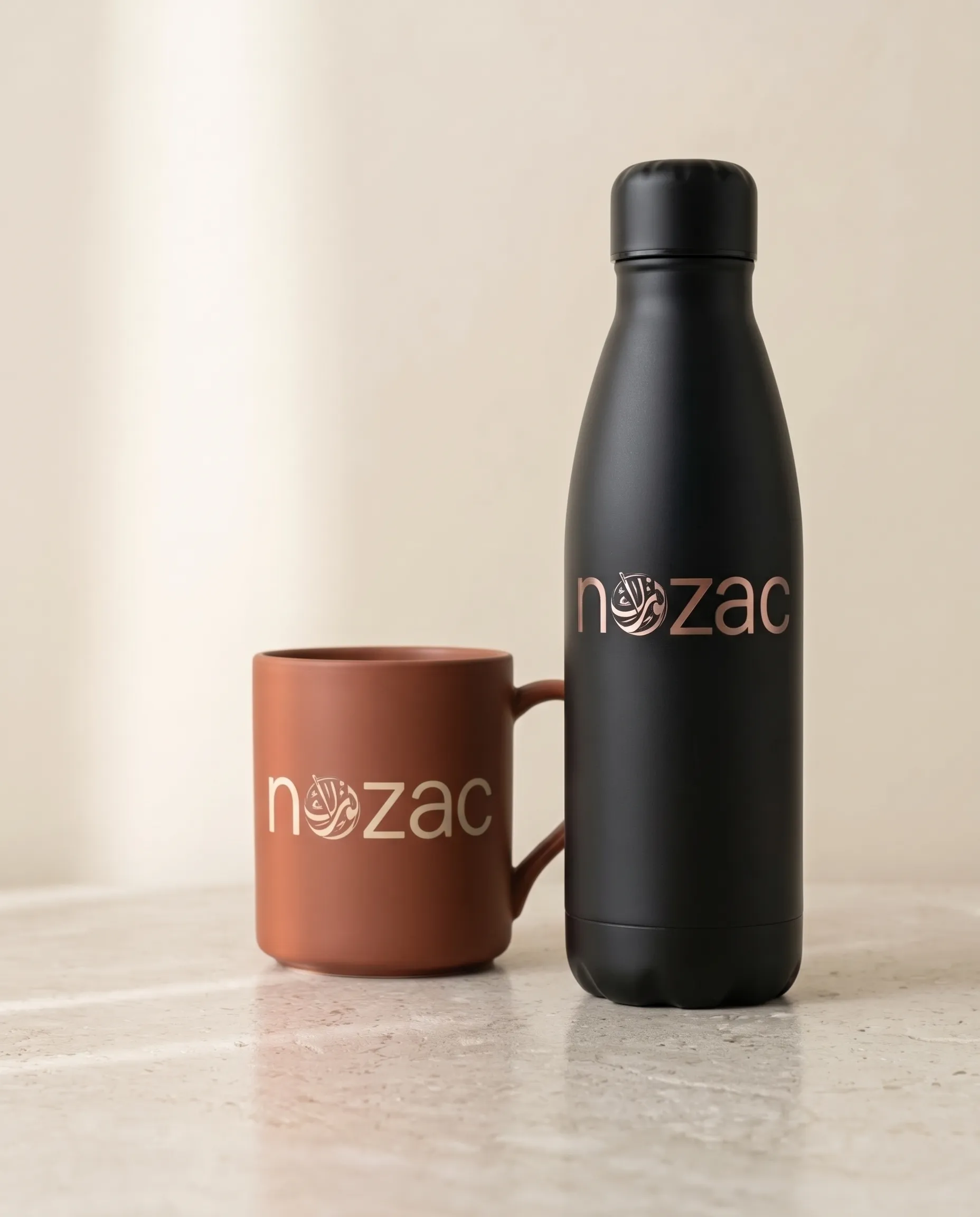 Gourde noire et mug terracotta personnalisés avec le logo Nozac
